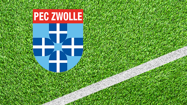 Logo voetbalclub Zwolle - PEC Zwolle - Prins Hendrik Ende Desespereert Nimmer Combinatie Zwolle - in kleur op grasveld met witte lijn - 600 * 337 pixels